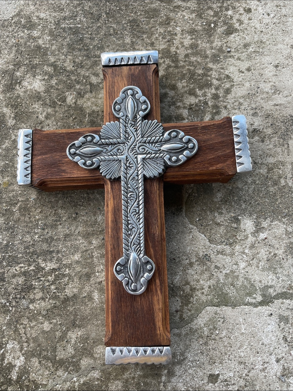 Wooden Wall Cross with Decorative Silver-Tone Overlay